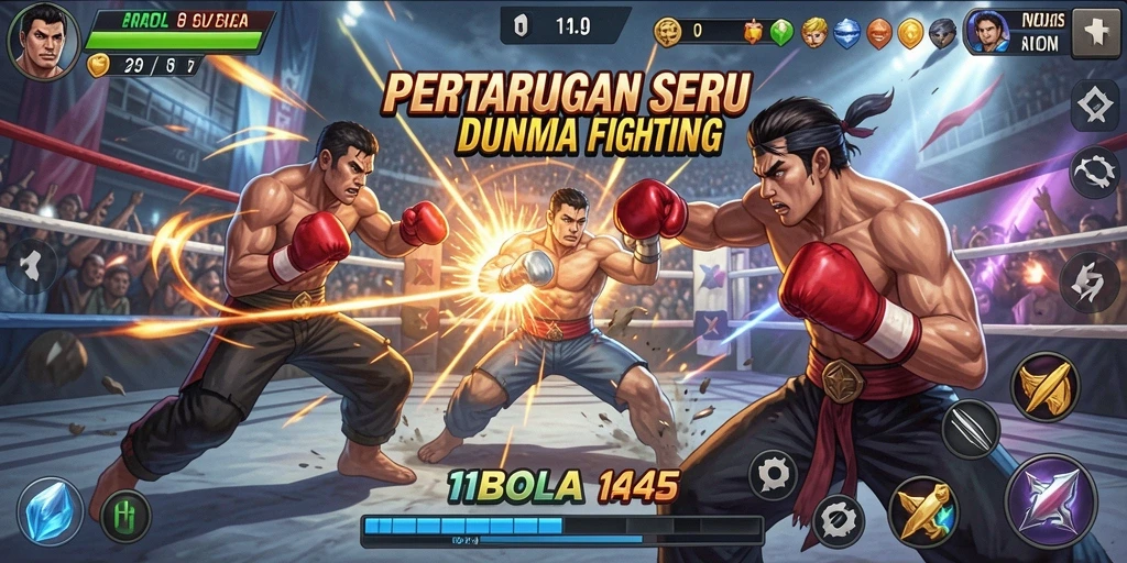 Screenshot game 11BOLA menampilkan pertarungan seru antara karakter di arena.