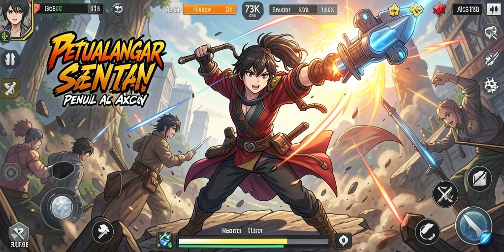 Tampilan gameplay <strong>73K</strong> yang penuh warna dan karakter Anime ikonik.