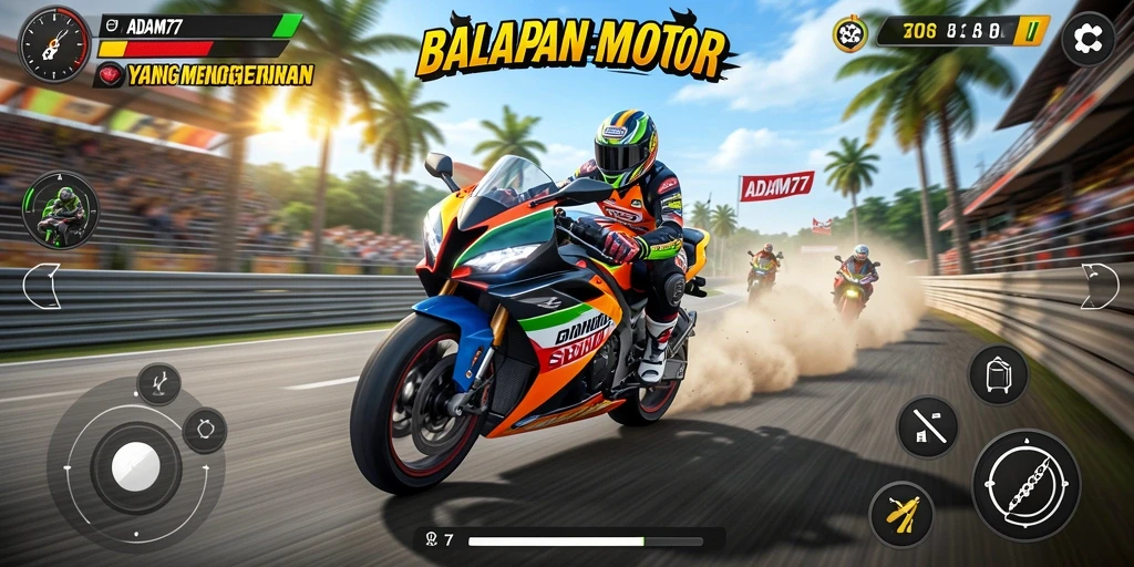Screenshot gameplay ADAM77 menampilkan aksi balapan motor yang intens.