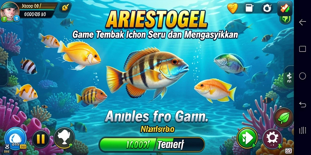 Tampilan gameplay ARIESTOGEL yang seru saat menembak ikan.