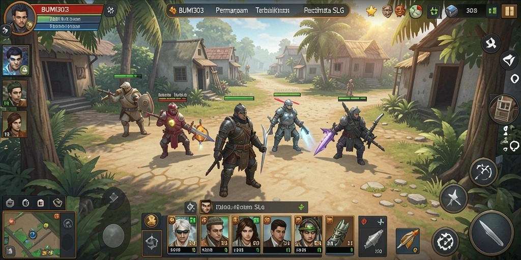 Gameplay BUMI303 yang menampilkan strategi dan pembangun kerajaan.