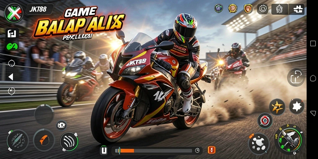 Tampilan gameplay seru JKT88 saat balapan motor.