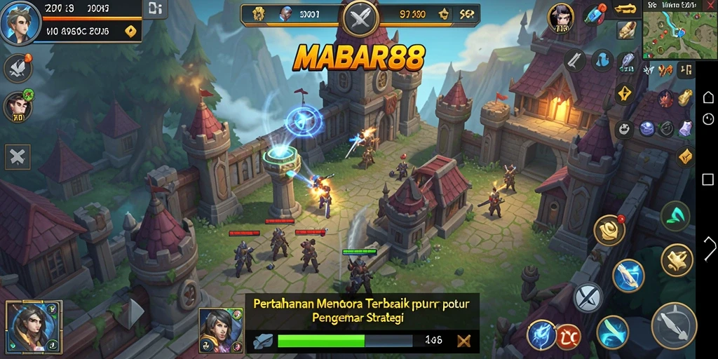 Screenshot MABAR88 menunjukkan menara bertahan menghadapi serangan musuh.