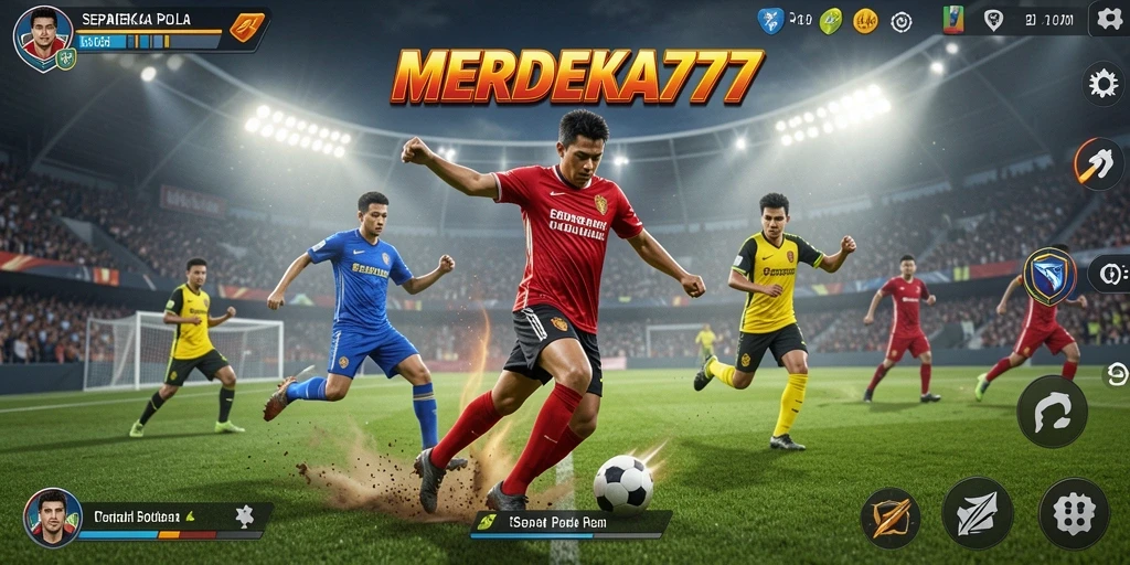 Tangkapan layar game MERDEKA777 menampilkan aksi pertandingan sepak bola yang mendebarkan.