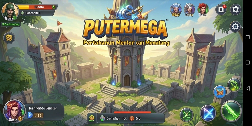 Screenshot gameplay PUTERMEGA yang menampilkan menara dan musuh.