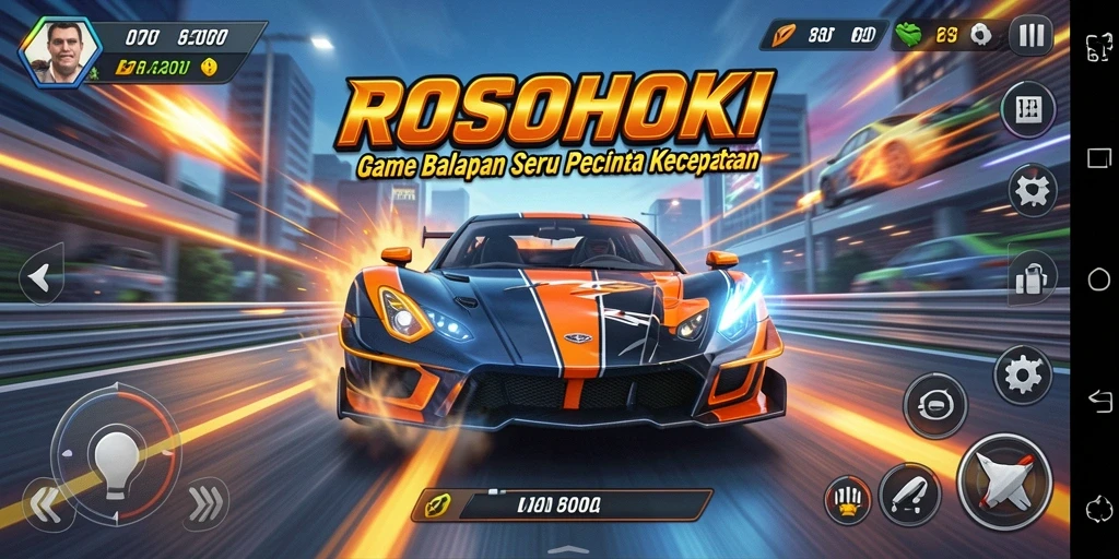 Screenshot utama gameplay ROSOHOKI yang menunjukkan aksi balapan seru.